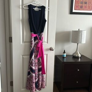 Pink, navy and white maxi dress with belt